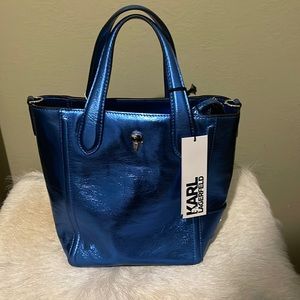 Karl Lagerfeld blue metallic bucket bag
